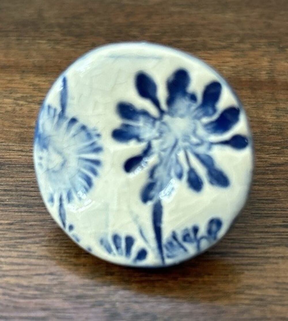 Handmade Ceramic Floral Ring, Blue & White Cabochon Ring, Adjustable Brass Band